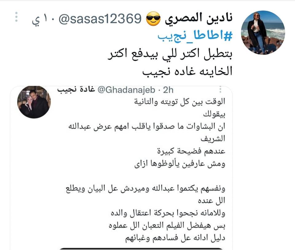 هشتاج «أطاطا_نجيب» للسخرية من زوجة الهارب هشام عبدالله لدفاعها عن التسريبات المفبركة
