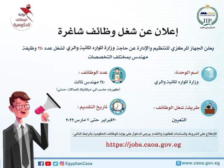 الجهاز المركزي للتنظيم والإدارة يبدأ في قبول طلبات المتقدمين لمسابقة التعيين بالري.